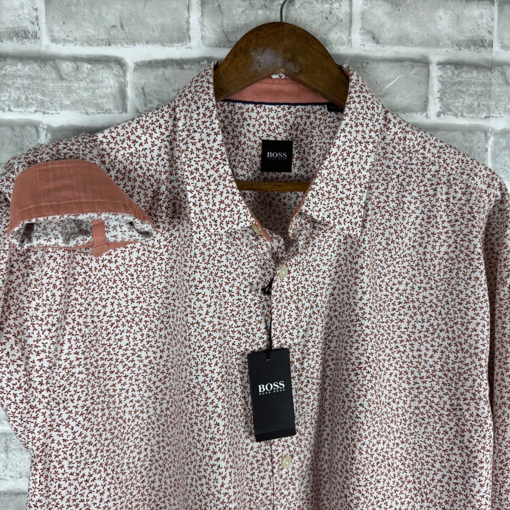 Hugo Boss Mens XXL Button Down Shirt Long Sleeve Micro Floral Cotton White Rust